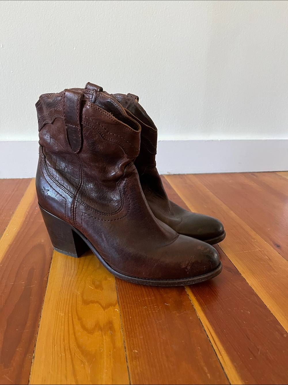 Frye Dark Brown Leather Mid-Calf Western Heel Boots